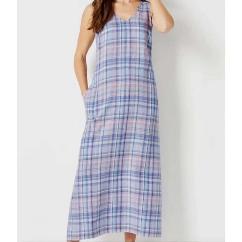 J.Jill Love Linen Pastel Blue Pink Plaid Gingham Tank Maxi Dress Size XS